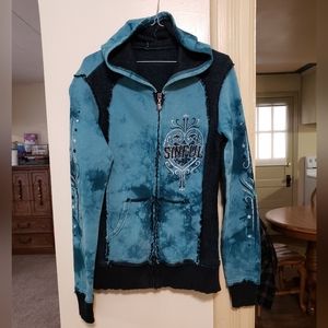 Sinful by Affliction bling turquoise & black graphic hoodie in great condition